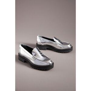 New Reformation Agathea Leather Chunky Loafers Metallic Silver Size 9